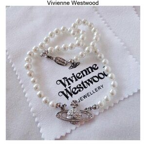 Vivienne Westwood mini bas relief choker necklace pearl rhinestone orbit silver